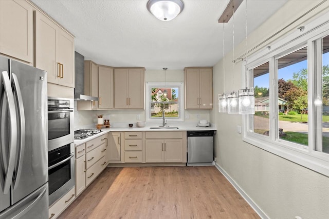 5717 S 42nd St, Greenfield, WI 53221 - kitchen with appliances with stainless steel finishes, light wood-style flooring, light countertops, and wall chimney range hood