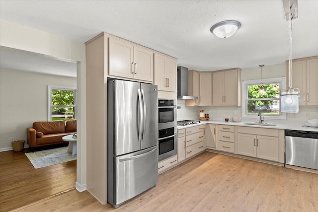 5717 S 42nd St, Greenfield, WI 53221 - kitchen with appliances with stainless steel finishes, wall chimney exhaust hood, light countertops, light wood-type flooring, and decorative light fixtures