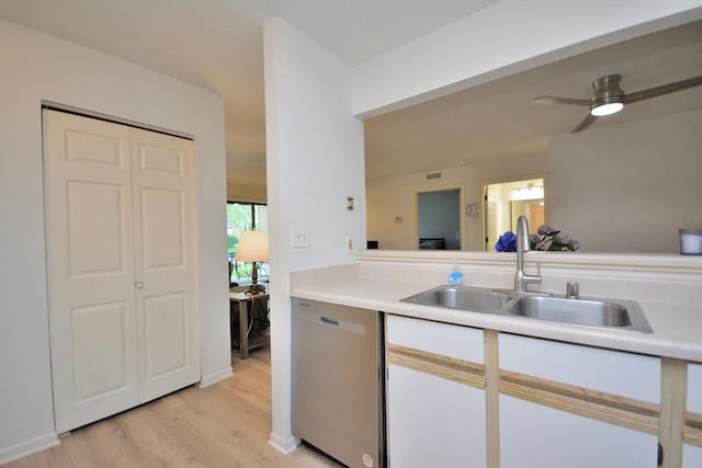 W192S7850 Overlook Bay Rd Unit 3, Muskego, WI 53150 - kitchen featuring stainless steel dishwasher, light wood-type flooring, light countertops, and a ceiling fan
