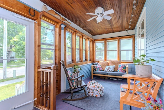 1756 Church St, Stevens Point, WI 54481 - sunroom featuring wooden ceiling, carpet, plenty of natural light, and ceiling fan