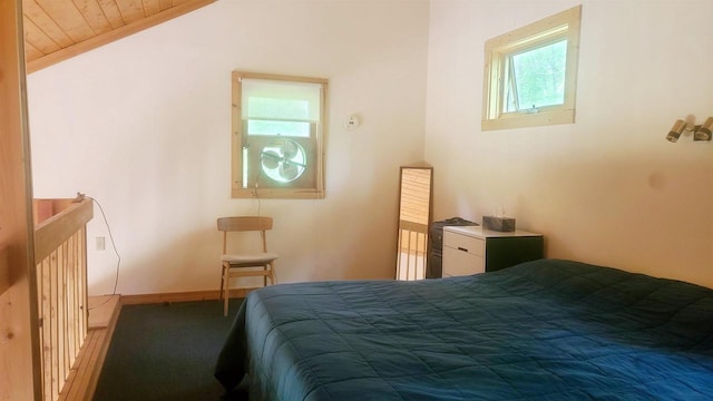 W4799 Rocky Hill Dr, Pembine, WI 54156 - bedroom featuring multiple windows, carpet flooring, vaulted ceiling, and wooden ceiling