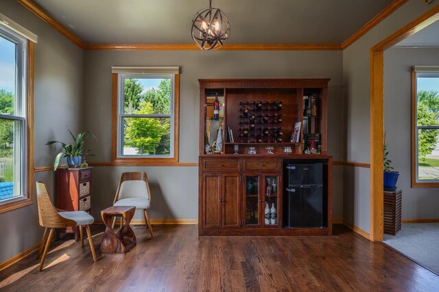 3637 121st Pl, Pleasant Prairie, WI 53158 - bar with freestanding refrigerator, dark wood-type flooring, healthy amount of natural light, and ornamental molding