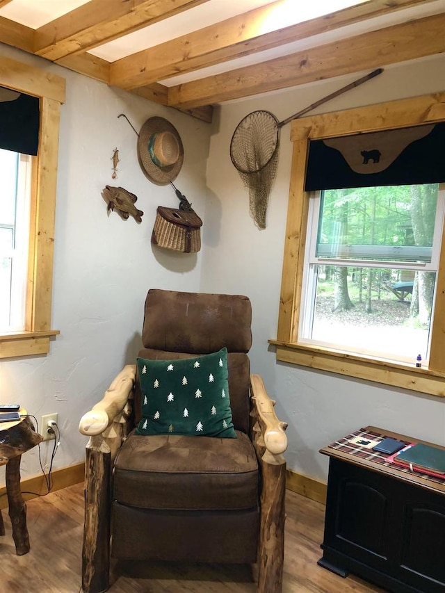 W15036 Poachers Run Ln, Athelstane, WI 54101 - living area with wood finished floors and beam ceiling