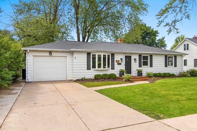625 N Winnebago St, De Pere, WI 54115 - ranch-style house featuring an attached garage, a front yard, concrete driveway, and a chimney