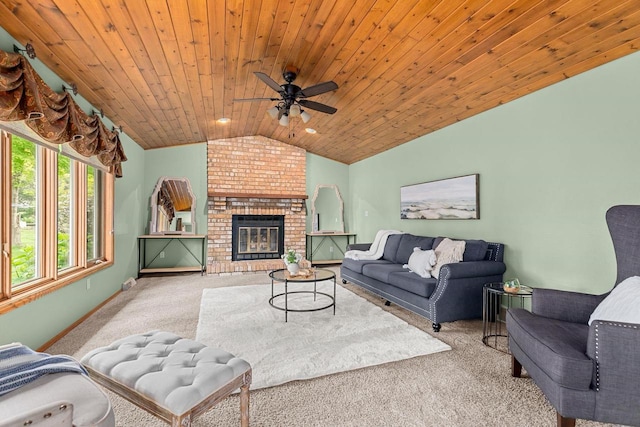 2939 W Roselawn Dr, Appleton, WI 54914 - living area with vaulted ceiling, carpet flooring, wood ceiling, a ceiling fan, and a brick fireplace