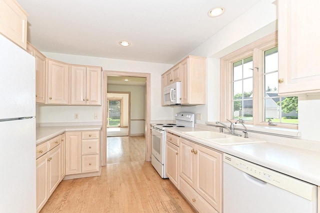 540 Mc Aurther Ln Unit B, Brookfield, WI 53045 - kitchen featuring white appliances, light wood-style floors, recessed lighting, light countertops, and light brown cabinets