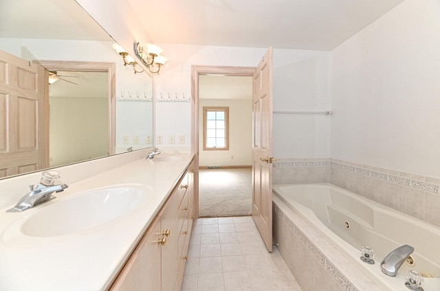 540 Mc Aurther Ln Unit B, Brookfield, WI 53045 - bathroom with a whirlpool tub, double vanity, tile patterned floors, a ceiling fan, and a chandelier
