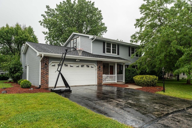 1615 Palamino Dr, Racine, WI 53402 - traditional-style house featuring driveway, a front yard, an attached garage, covered porch, and brick siding