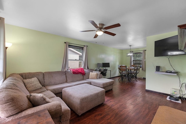 248 E Norport Dr, Port Washington, WI 53074 - living room featuring dark wood-style flooring, healthy amount of natural light, and ceiling fan