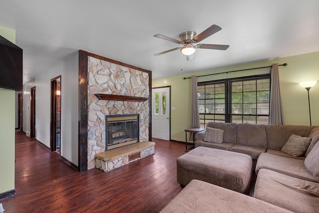 248 E Norport Dr, Port Washington, WI 53074 - living area featuring a fireplace, wood finished floors, and a ceiling fan