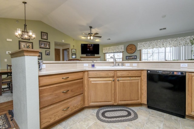 9245 S 54th St, Franklin, WI 53132 - kitchen featuring dishwasher, ceiling fan, light countertops, lofted ceiling, and a chandelier