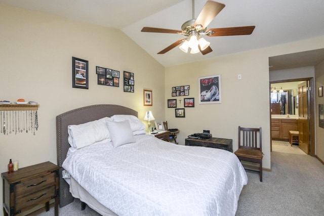 9245 S 54th St, Franklin, WI 53132 - bedroom with light carpet, vaulted ceiling, a ceiling fan, and connected bathroom