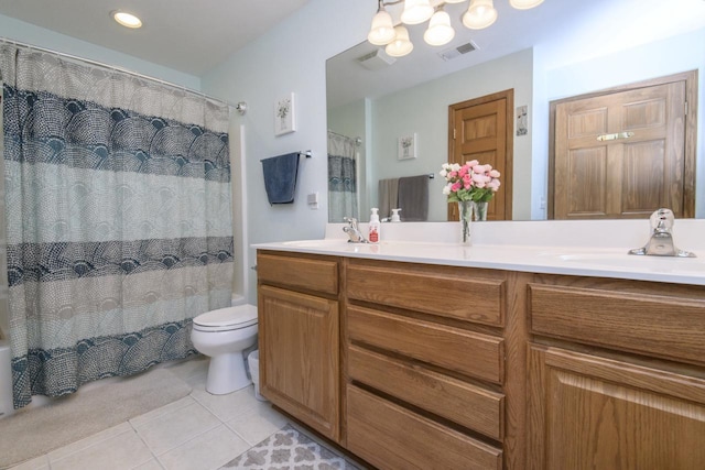 9245 S 54th St, Franklin, WI 53132 - bathroom featuring tile patterned floors, double vanity, a chandelier, and a shower with curtain