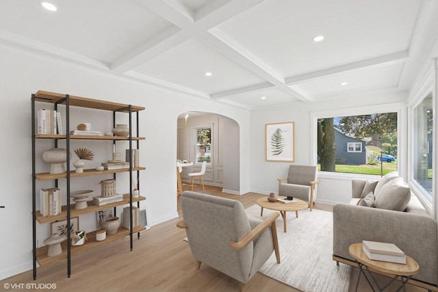 832 E Wilbur Ave, Milwaukee, WI 53207 - living room with arched walkways, light wood finished floors, coffered ceiling, beamed ceiling, and recessed lighting