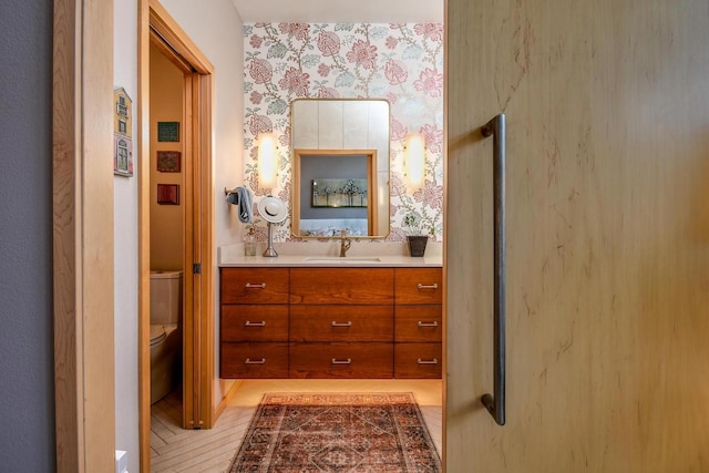 6846 Frank Lloyd Wright Ave, Middleton, WI 53562 - bathroom with wallpapered walls and vanity