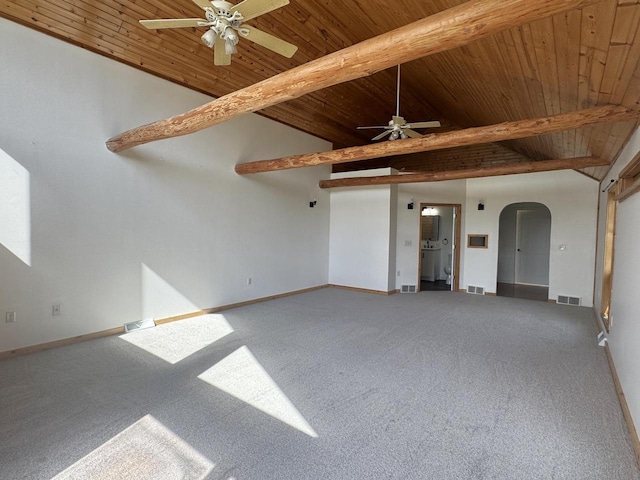 N5516 Polar Rd, Bryant, WI 54418 - spare room with arched walkways, carpet flooring, a wood ceiling with exposed beams, and ceiling fan