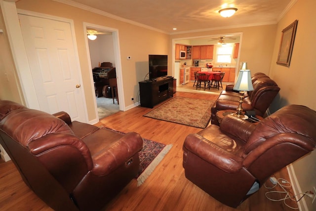 1503 St Lawrence Ave, Beloit, WI 53511 - living area featuring a ceiling fan, crown molding, and light wood-type flooring