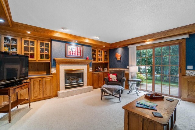 4129 Birch Crest Ln, Eau Claire, WI 54701 - living area with light colored carpet, a premium fireplace, recessed lighting, and a textured ceiling