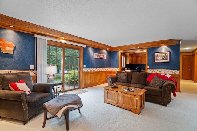 4129 Birch Crest Ln, Eau Claire, WI 54701 - living room with wainscoting, light carpet, wallpapered walls, and a textured ceiling