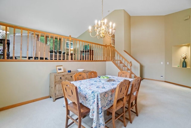 4129 Birch Crest Ln, Eau Claire, WI 54701 - dining space featuring light carpet, a chandelier, stairway, and high vaulted ceiling