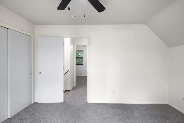 W2726 Marion St, Neshkoro, WI 54960 - unfurnished bedroom with carpet, a closet, ceiling fan, and vaulted ceiling