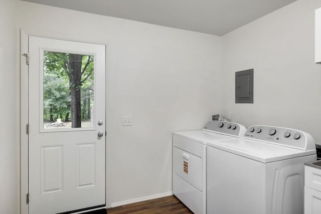 W2726 Marion St, Neshkoro, WI 54960 - washroom featuring electric panel, washing machine and clothes dryer, cabinet space, and dark wood-style flooring