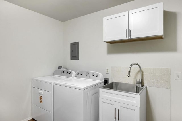 W2726 Marion St, Neshkoro, WI 54960 - laundry area with cabinet space, washer and clothes dryer, and electric panel