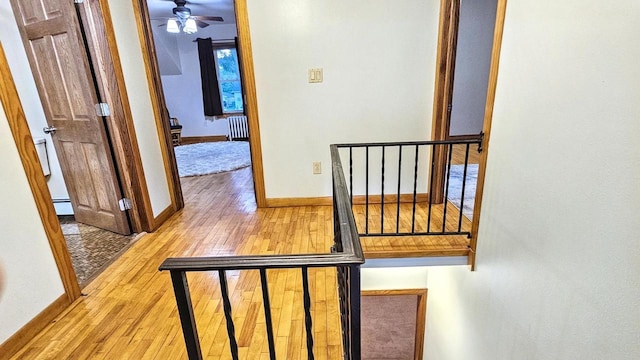 553 W 17th Ave, Oshkosh, WI 54902 - staircase with wood-type flooring, baseboard heating, a ceiling fan, and radiator
