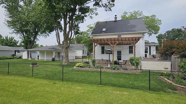553 W 17th Ave, Oshkosh, WI 54902 - rear view of house with a pergola, a fenced backyard, a chimney, and a patio area