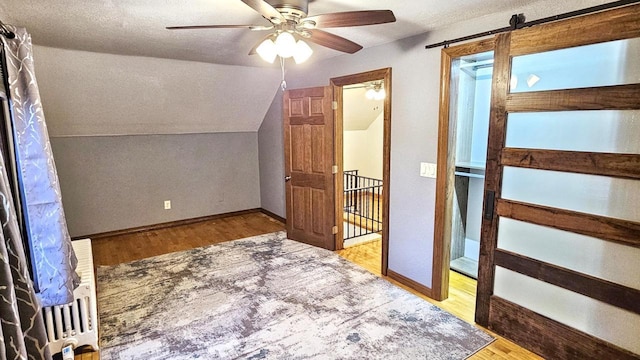 553 W 17th Ave, Oshkosh, WI 54902 - bonus room featuring a ceiling fan, wood finished floors, vaulted ceiling, and a barn door
