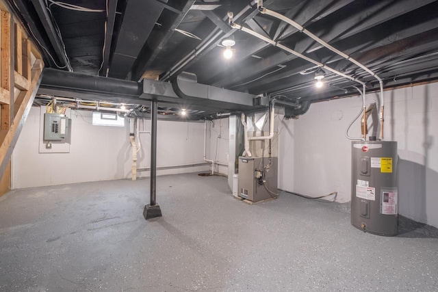 11114 8th Ave, Pleasant Prairie, WI 53158 - basement with electric water heater, electric panel, and heating unit