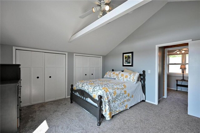 33516 No Mans Trl, Minong, WI 54859 - carpeted bedroom with multiple closets, lofted ceiling, and a ceiling fan
