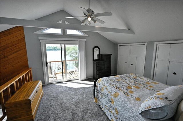 33516 No Mans Trl, Minong, WI 54859 - carpeted bedroom featuring access to outside, vaulted ceiling, multiple closets, and ceiling fan