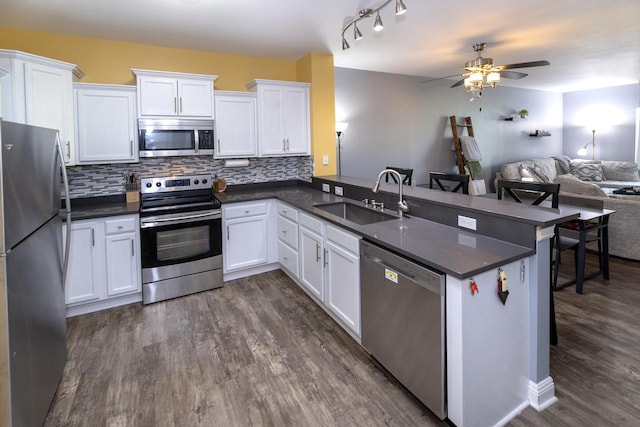 N165W20576 Berry Patch Rd Unit 702, Jackson, WI 53037 - kitchen with appliances with stainless steel finishes, a peninsula, open floor plan, dark countertops, and a ceiling fan