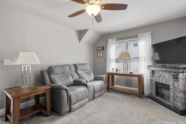 902 E Fremont St, Appleton, WI 54915 - carpeted living room with a ceiling fan, a fireplace, and lofted ceiling