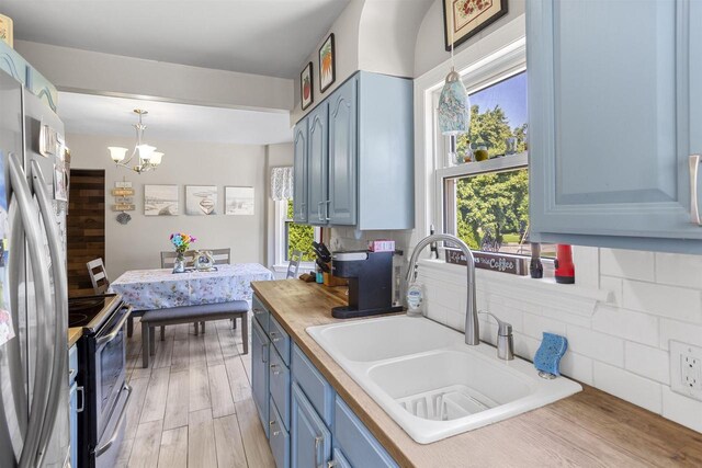 902 E Fremont St, Appleton, WI 54915 - kitchen with stainless steel appliances, blue cabinets, a chandelier, light wood-type flooring, and backsplash