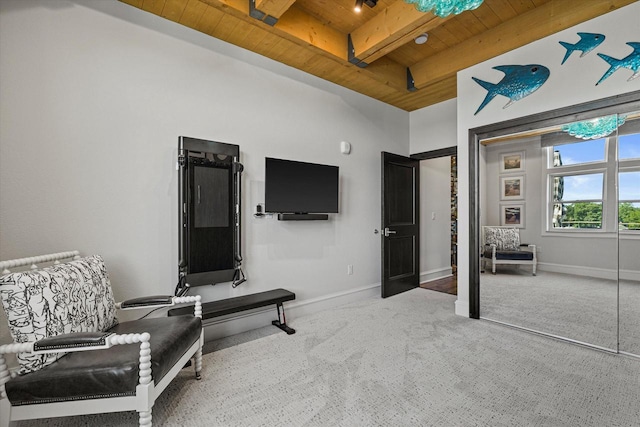 N52W35002 Lake Dr Unit 302, Okauchee, WI 53069 - living area featuring a wood ceiling with exposed beams and carpet floors