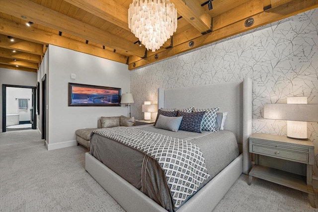 N52W35002 Lake Dr Unit 302, Okauchee, WI 53069 - bedroom featuring a chandelier, a wood ceiling with exposed beams, and carpet floors
