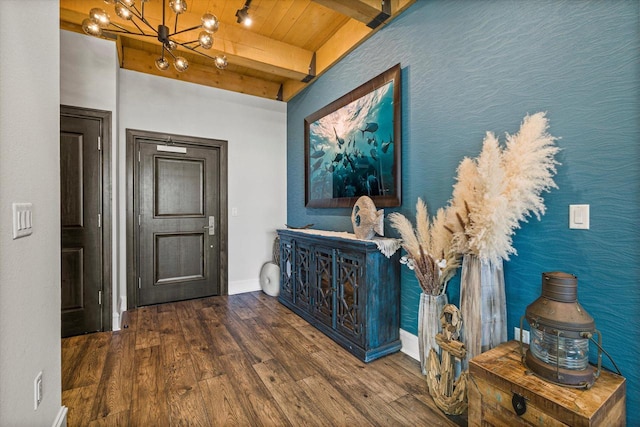 N52W35002 Lake Dr Unit 302, Okauchee, WI 53069 - entrance foyer with a wooden ceiling with exposed beams, wood finished floors, and a chandelier