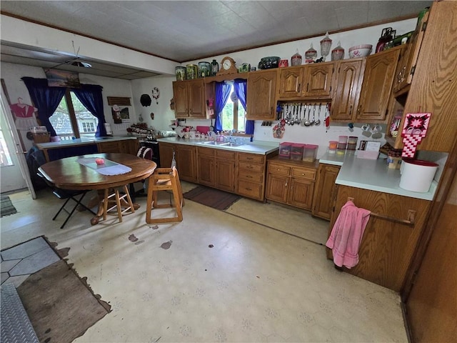 N35182 Weverstad Rd, Blair, WI 54616 - kitchen with brown cabinets, light countertops, and concrete flooring