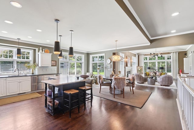 16885 Lake Rd Unit A, Brookfield, WI 53005 - dining room featuring a chandelier, wood finished floors, plenty of natural light, recessed lighting, and ornamental molding