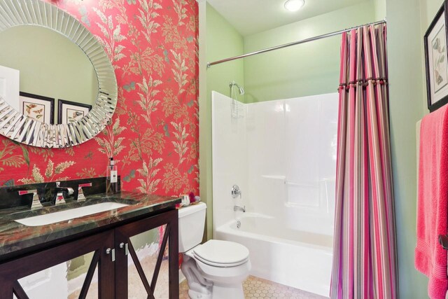 16885 Lake Rd Unit A, Brookfield, WI 53005 - bathroom featuring wallpapered walls, shower / bath combo with shower curtain, vanity, and tile patterned floors