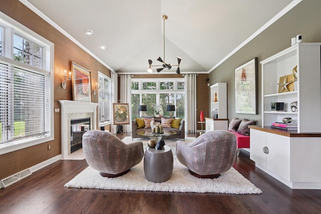 16885 Lake Rd Unit A, Brookfield, WI 53005 - living area featuring ornamental molding, a fireplace with flush hearth, dark wood finished floors, lofted ceiling, and recessed lighting