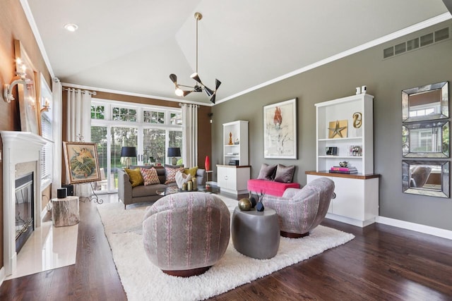 16885 Lake Rd Unit A, Brookfield, WI 53005 - living area featuring wood finished floors, a fireplace, high vaulted ceiling, and ornamental molding