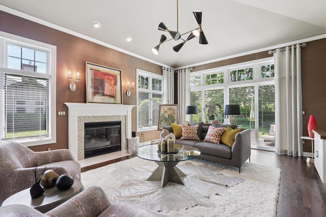 16885 Lake Rd Unit A, Brookfield, WI 53005 - living room featuring a ceiling fan, dark wood-style flooring, a high end fireplace, crown molding, and vaulted ceiling