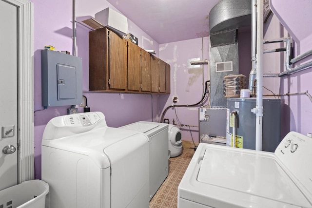 1329 Central St, Oshkosh, WI 54901 - laundry room featuring independent washer and dryer, electric panel, gas water heater, cabinet space, and light flooring