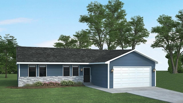 640 E Maple Beach Dr, Edgerton, WI 53534 - single story home featuring a garage, a front lawn, a shingled roof, stone siding, and concrete driveway
