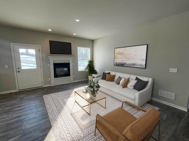 640 E Maple Beach Dr, Edgerton, WI 53534 - living area featuring wood finished floors, recessed lighting, and a glass covered fireplace