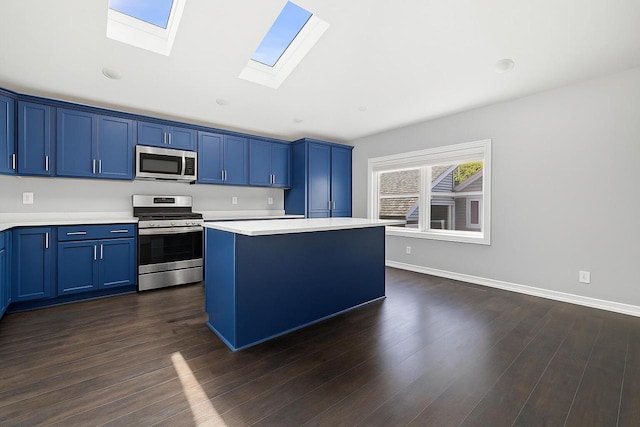 513 61st St, Kenosha, WI 53143 - kitchen with stainless steel appliances, blue cabinetry, a skylight, and light countertops