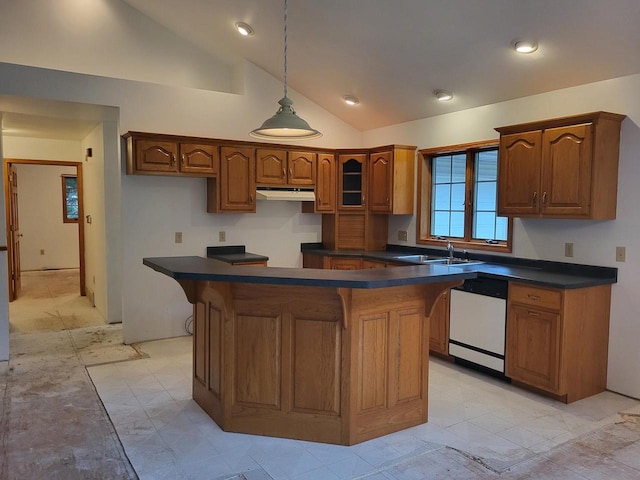 1607 E Cleveland St, Marshfield, WI 54449 - kitchen featuring dishwasher, lofted ceiling, under cabinet range hood, a center island, and brown cabinets